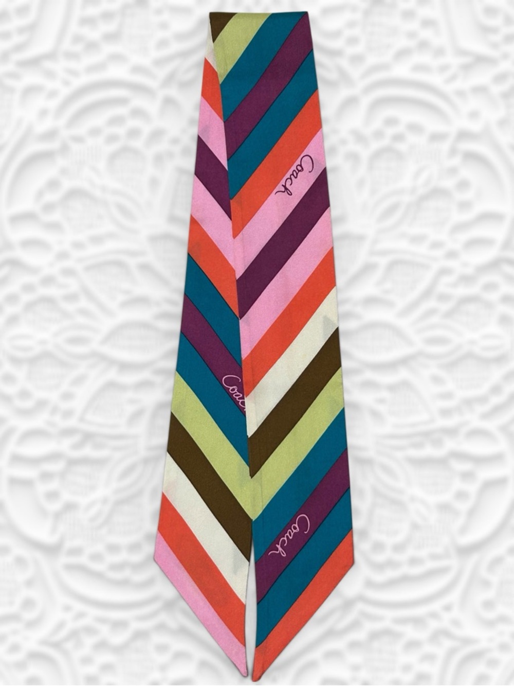 COACH Legacy Stripe Silk Skinny Scarf - Picture 2 of 6